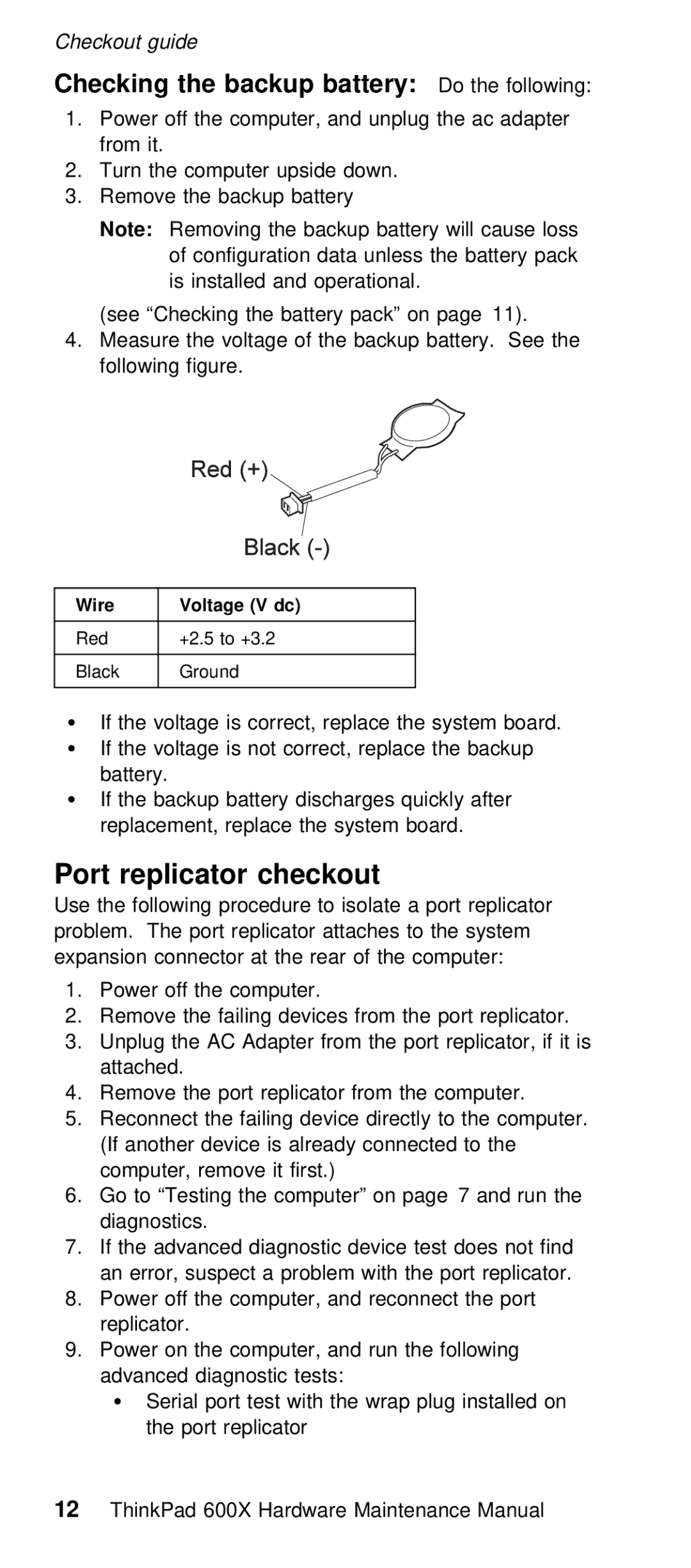 IBM 600X (MT 2646) manual Port replicator checkout, Checking the backup battery, Wire 