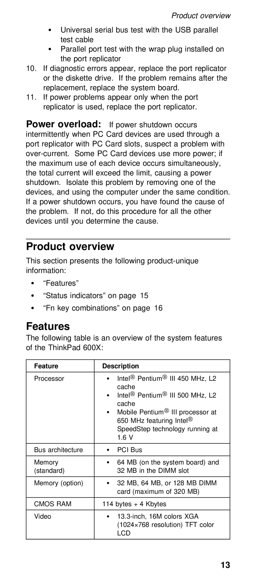 IBM 600X (MT 2646) manual Product overview, Features, Power overload 