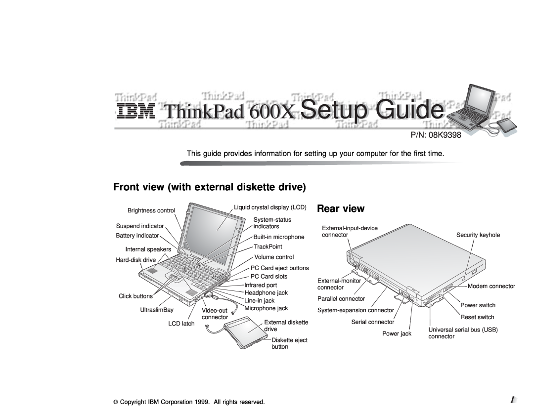IBM setup guide Front, with, diskette, drive, Rear view, external, ThinkPad 600X Setup Guide ide 