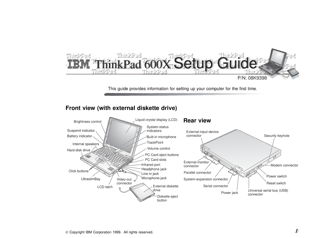 IBM 600X setup guide Front View With, Diskette Drive, Rear view 