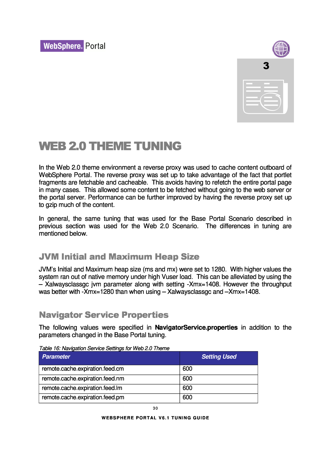 IBM 6.1.X manual WEB 2.0 THEME TUNING, JVM Initial and Maximum Heap Size, Navigator Service Properties 