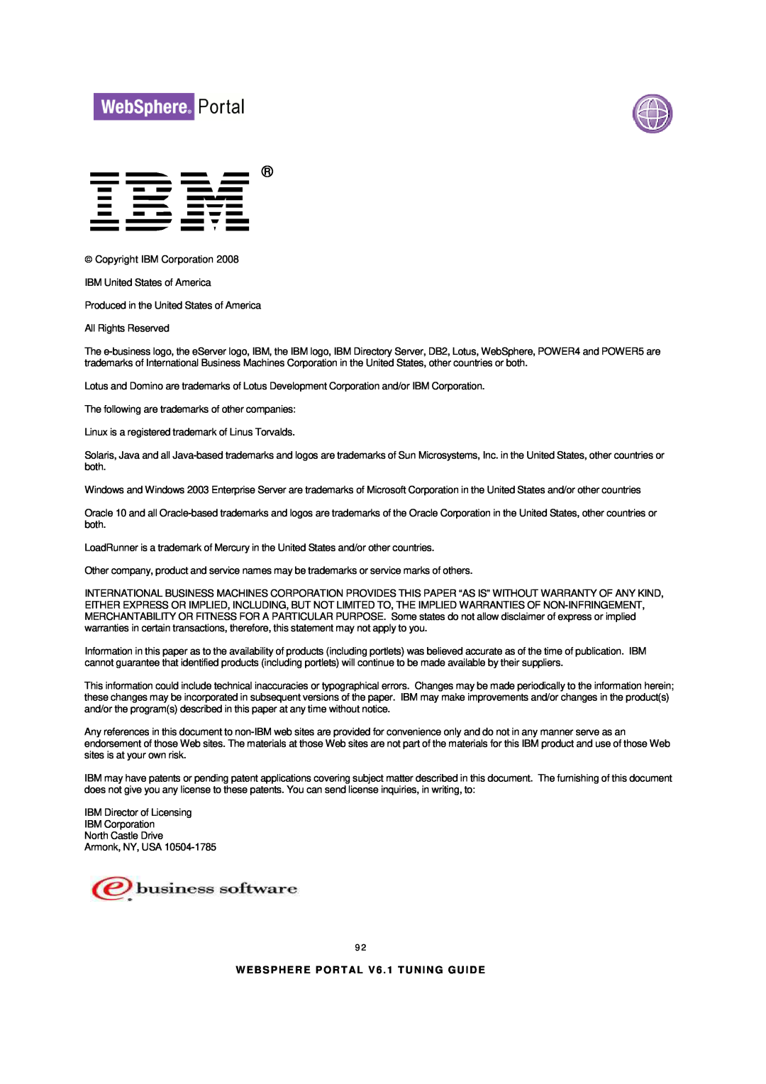 IBM 6.1.X manual The following are trademarks of other companies, W E BS P HE R E P O R T AL V 6 . 1 T U N I N G G U I D E 