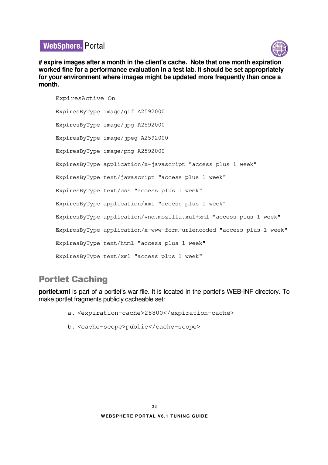 IBM 6.1.X manual Portlet Caching, ExpiresActive On 