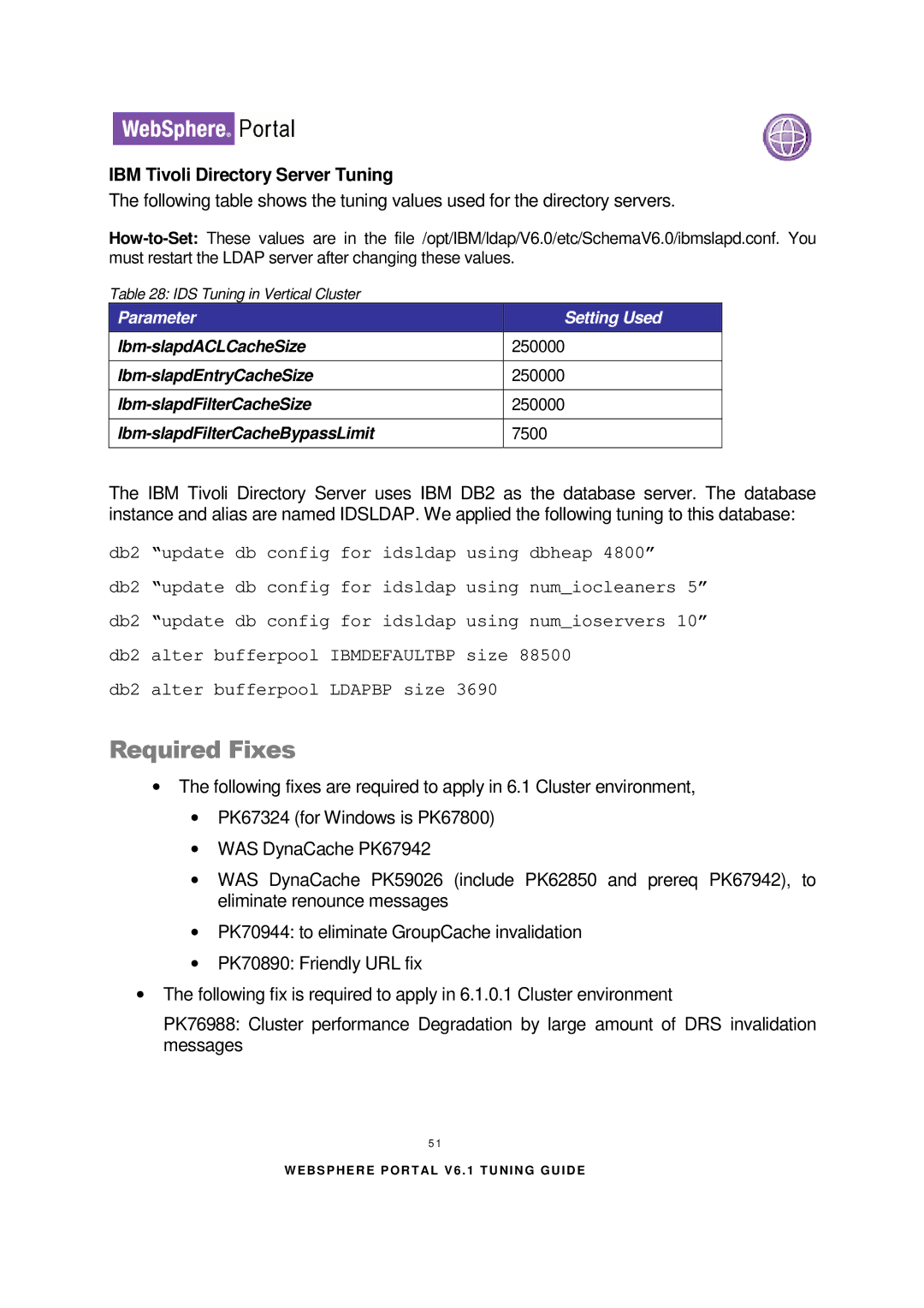 IBM 6.1.X manual IBM Tivoli Directory Server Tuning, Parameter Setting Used 