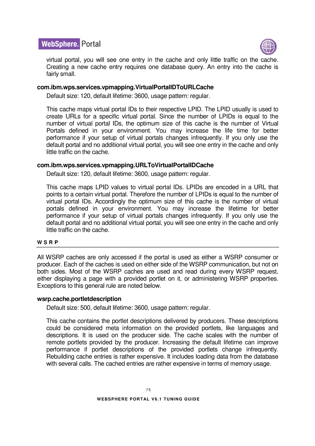 IBM 6.1.X manual Com.ibm.wps.services.vpmapping.VirtualPortalIDToURLCache, Wsrp.cache.portletdescription 