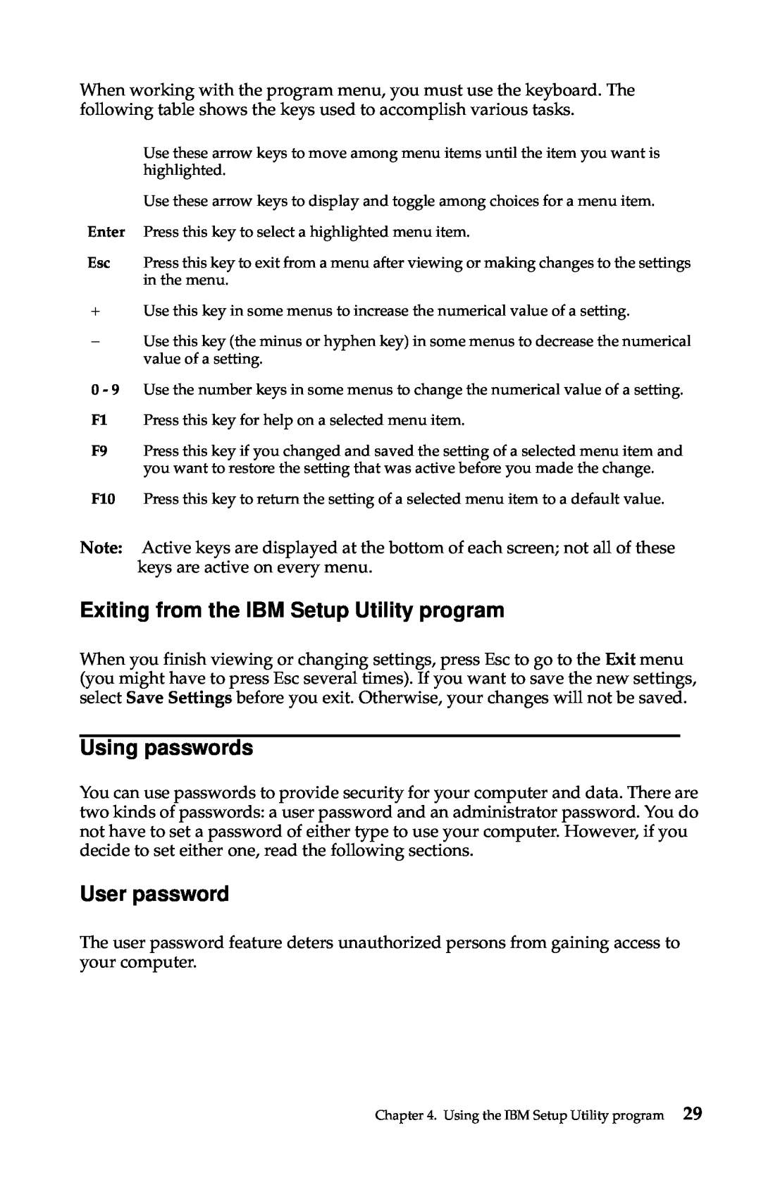 IBM 2283, 6274 manual Exiting from the IBM Setup Utility program, Using passwords, User password 