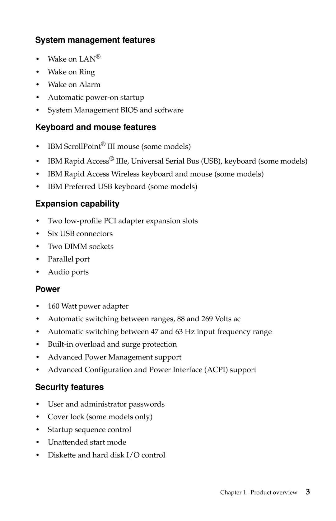 IBM 2283, 6274 System management features, Keyboard and mouse features, Expansion capability, Power, Security features 