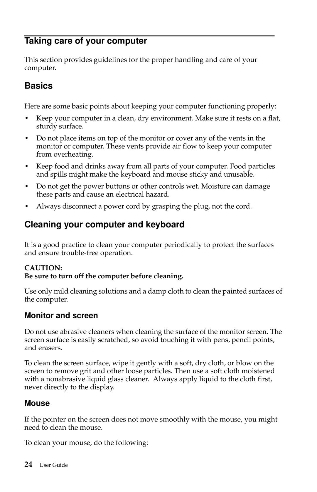 IBM 6274, 2283 manual Taking care of your computer, Basics, Cleaning your computer and keyboard, Monitor and screen, Mouse 