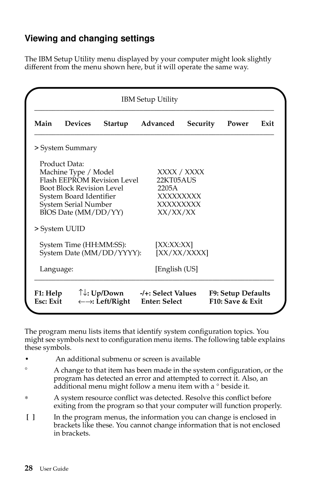 IBM 6274, 2283 manual Viewing and changing settings, Main Devices Startup Advanced Security Power Exit 