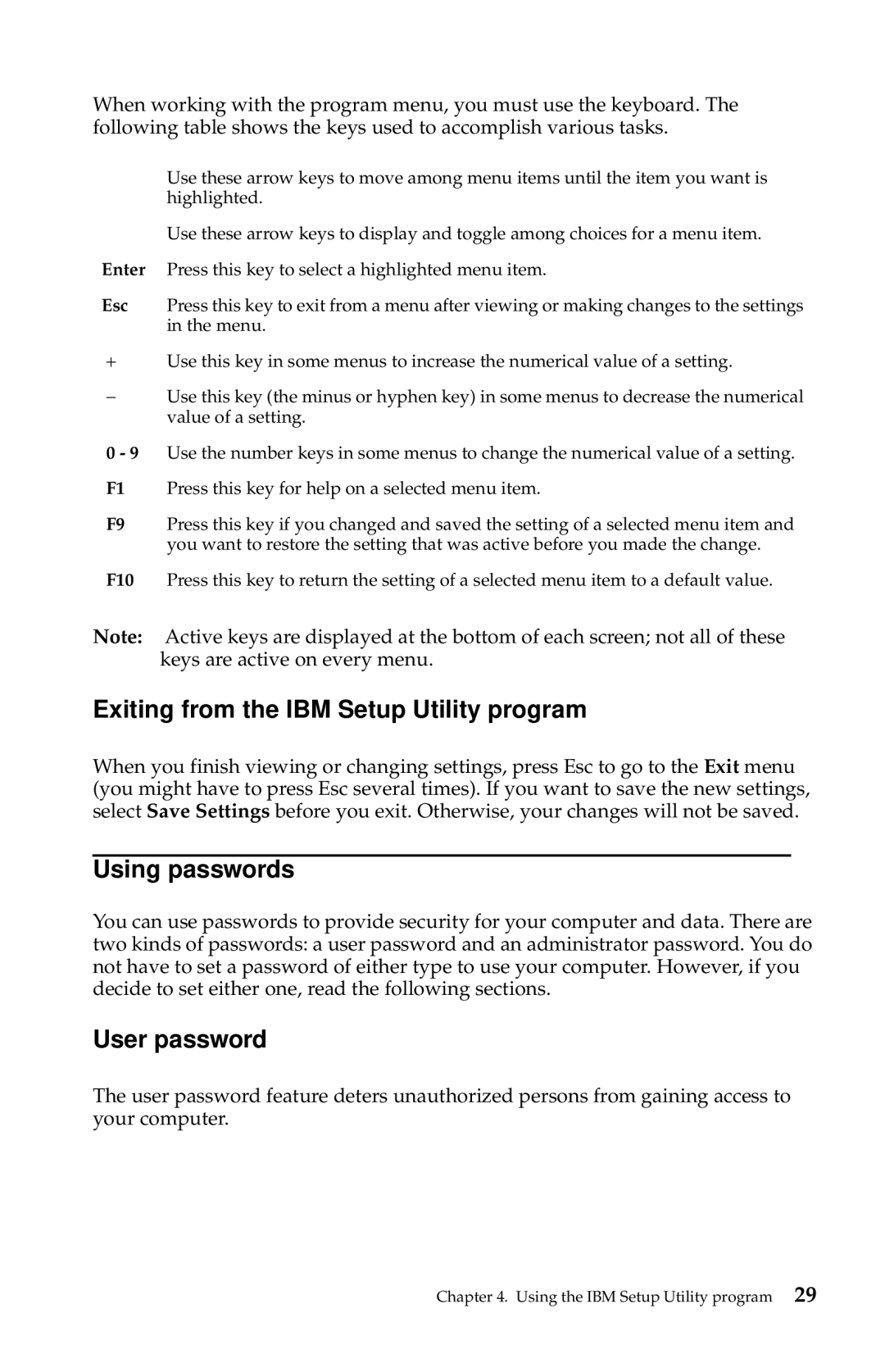 IBM 2283, 6274 manual Exiting from the IBM Setup Utility program, Using passwords, User password 