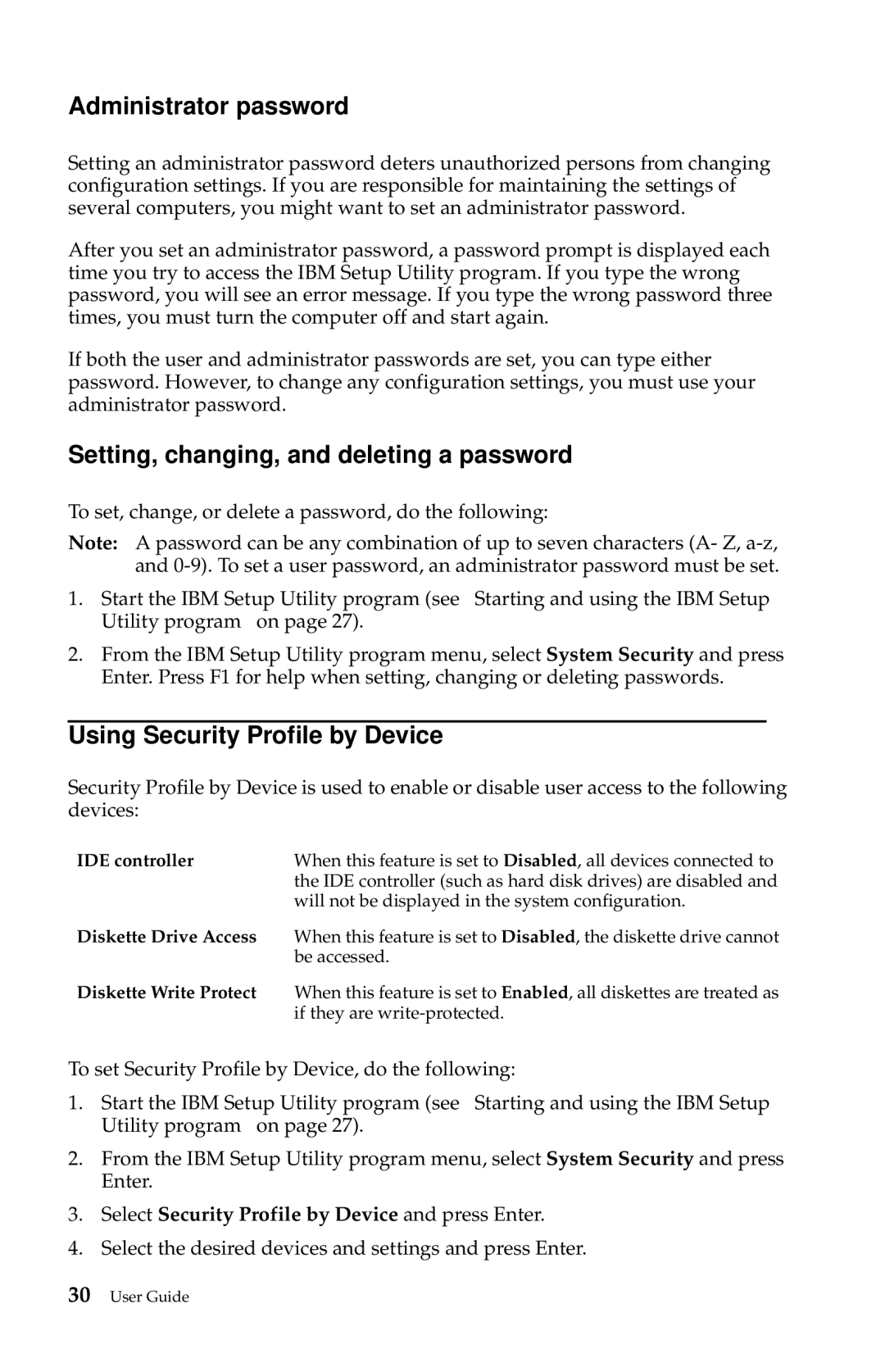 IBM 6274, 2283 manual Administrator password, Setting, changing, and deleting a password, Using Security Profile by Device 