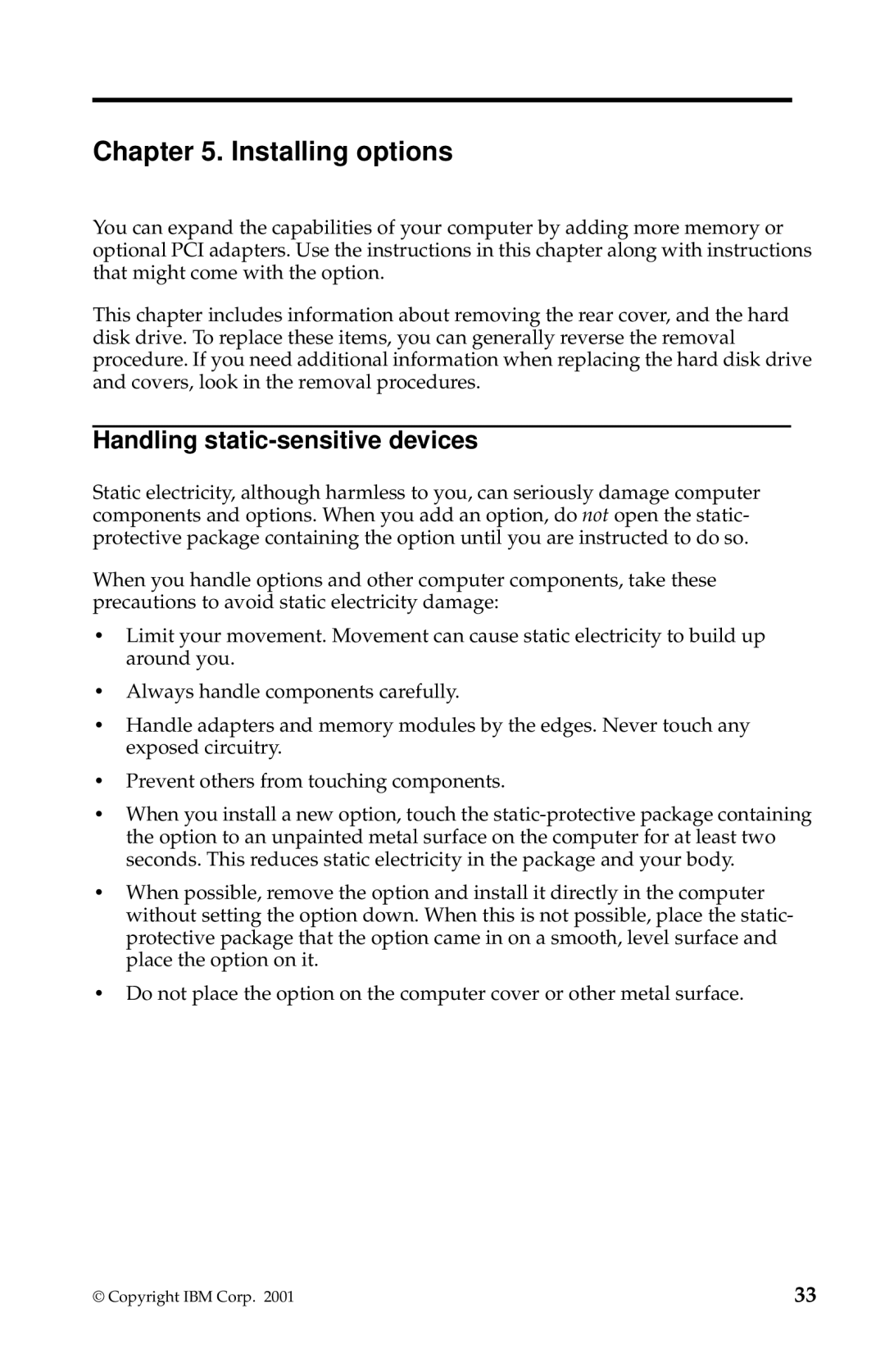 IBM 2283, 6274 manual Installing options, Handling static-sensitive devices 