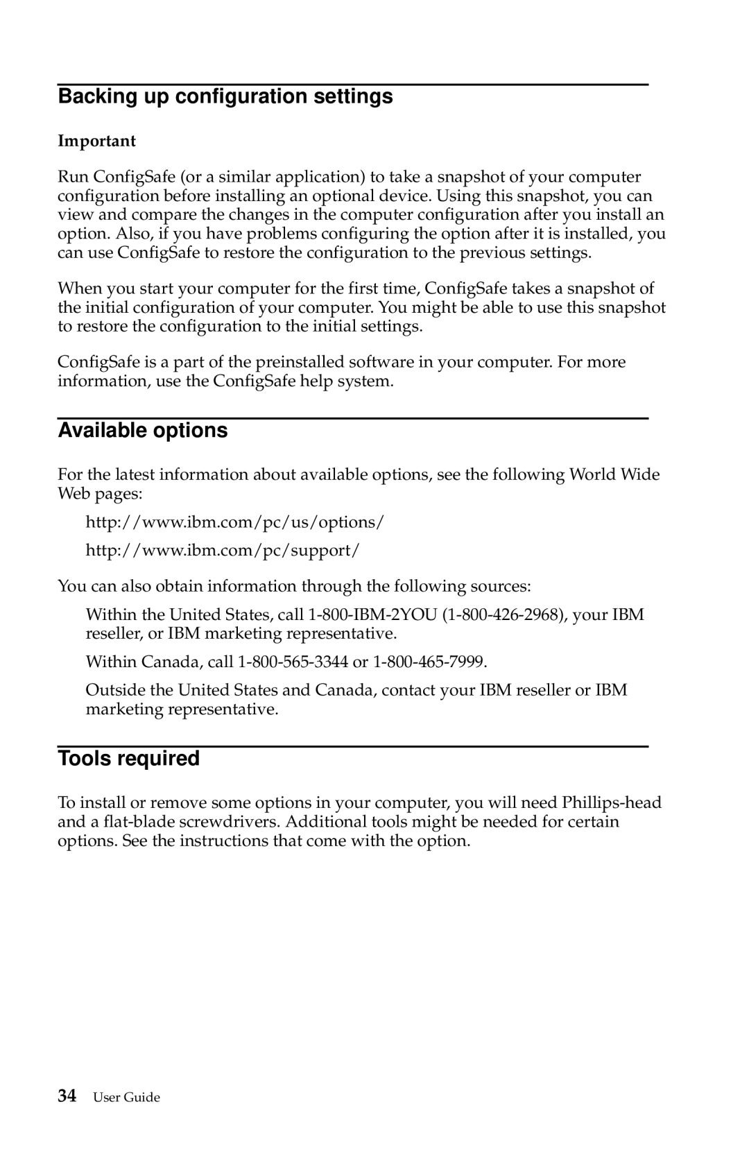 IBM 6274, 2283 manual Backing up configuration settings, Available options, Tools required 