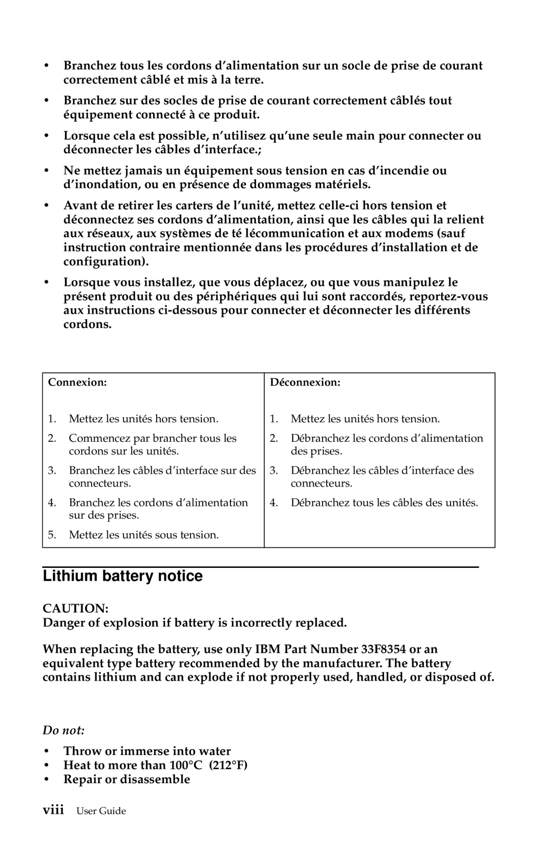 IBM 6274, 2283 manual Lithium battery notice, Connexion Déconnexion 