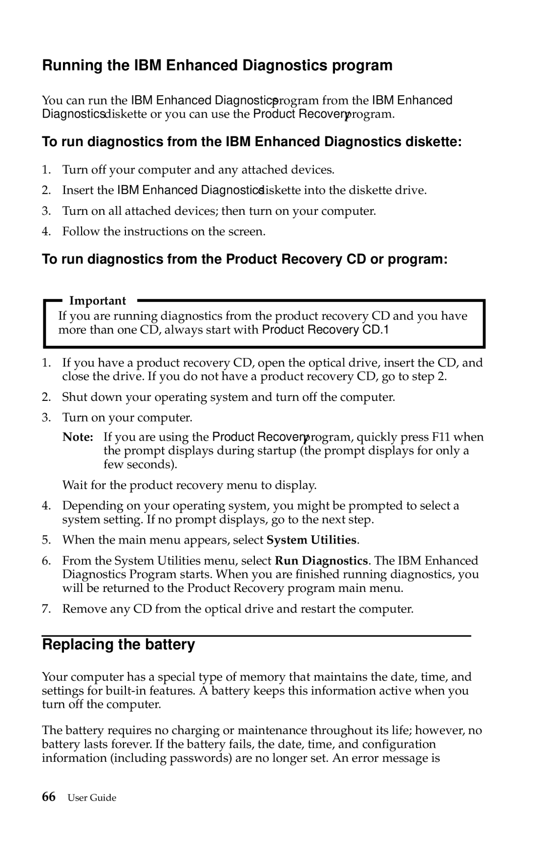 IBM 6274, 2283 manual Running the IBM Enhanced Diagnostics program, Replacing the battery 