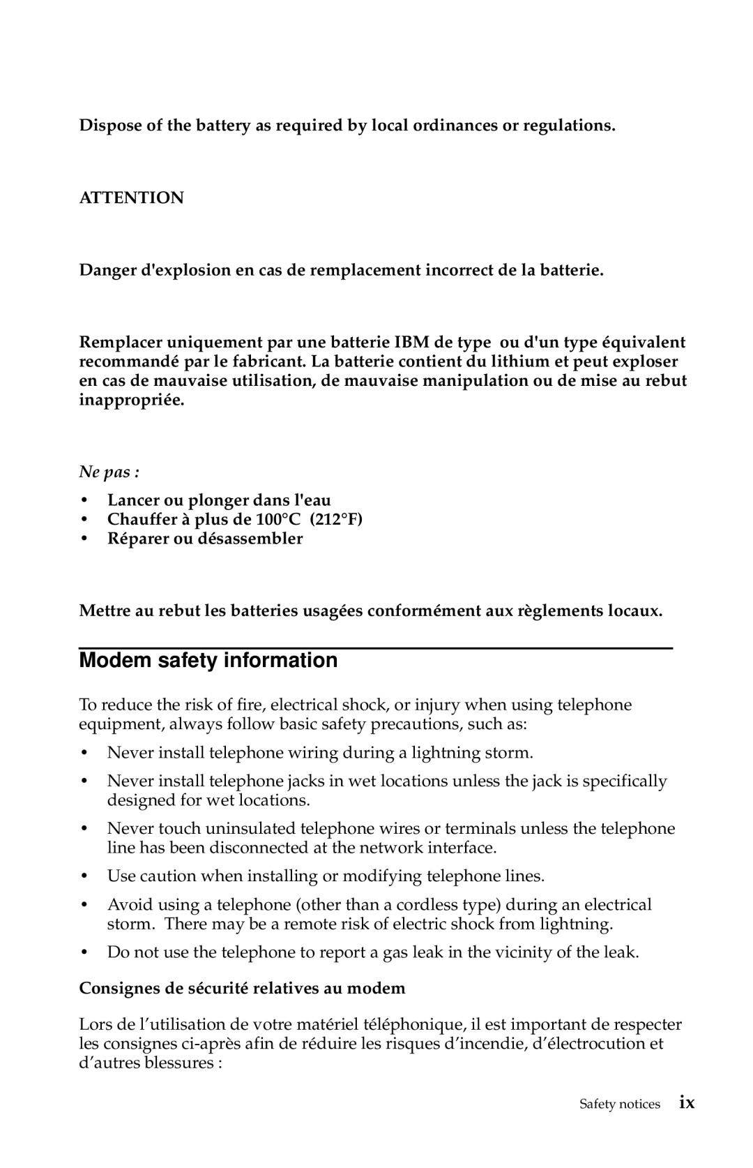 IBM 2283, 6274 manual Modem safety information, Consignes de sécurité relatives au modem 