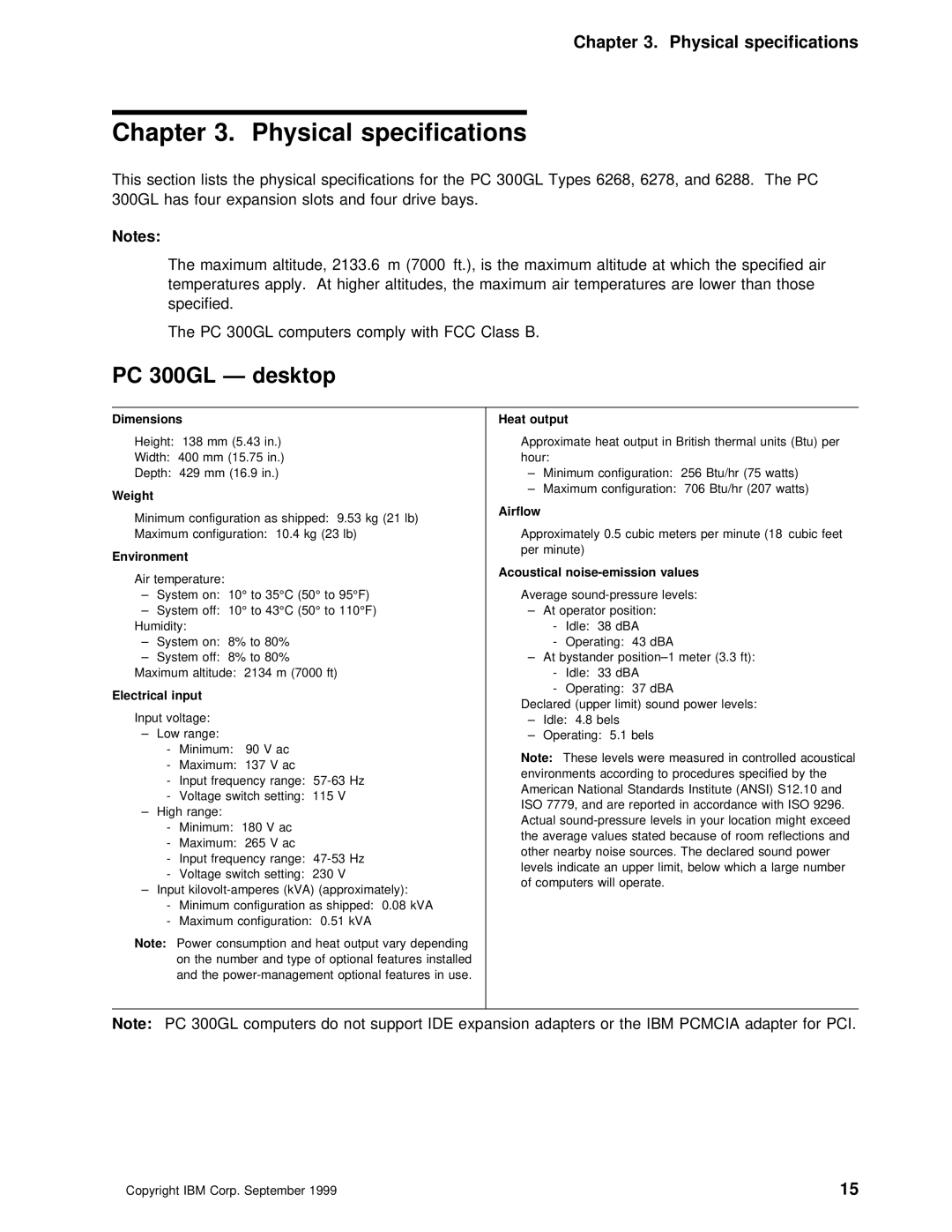 IBM 6278, 6288, 6268 manual Physical specifications, Desktop, Computers Not Support, Expansion Adapters 