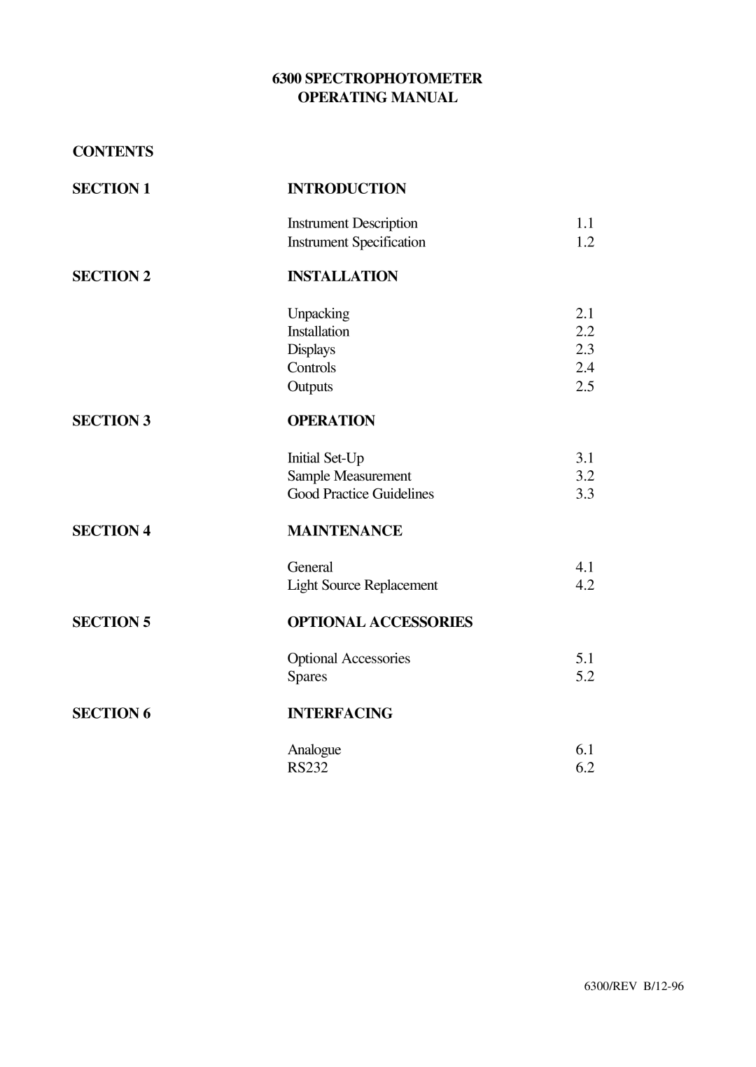 IBM 6300 Section Installation, Section Operation, Section Maintenance, Section Optional Accessories, Section Interfacing 