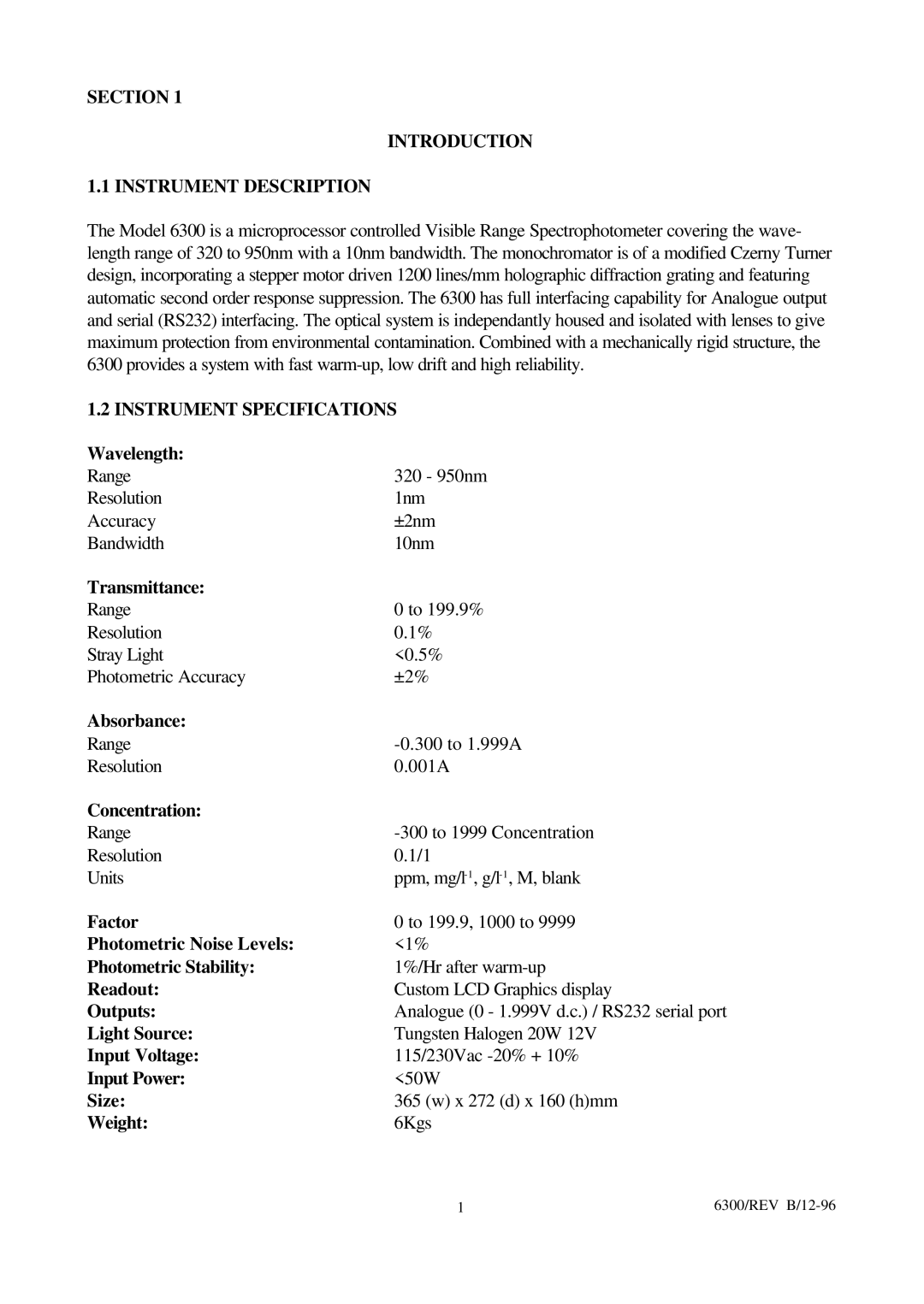 IBM 6300 manual Section Introduction Instrument Description, Instrument Specifications 