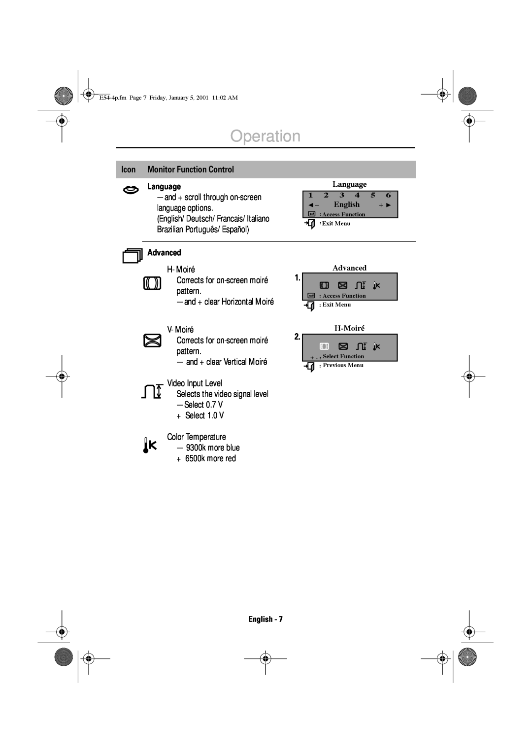 IBM 31P6241 manual Operation, Italiano Portuguese Deutsch Español Français English, Icon Monitor Function Control, Language 