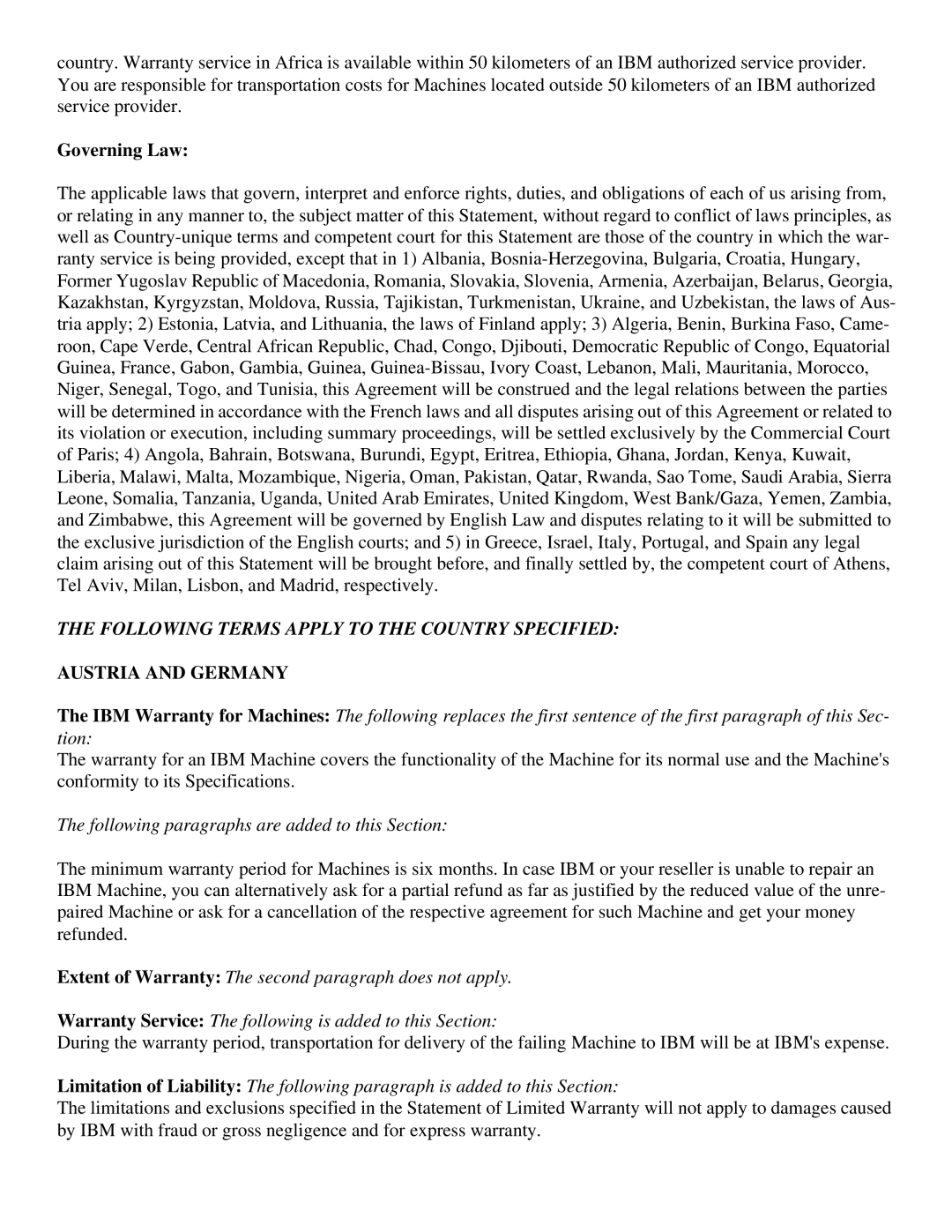 IBM 31P6241, 6331-H1N, 6331-J1N, 31P6240 manual Following Terms Apply to the Country Specified, Austria and Germany 