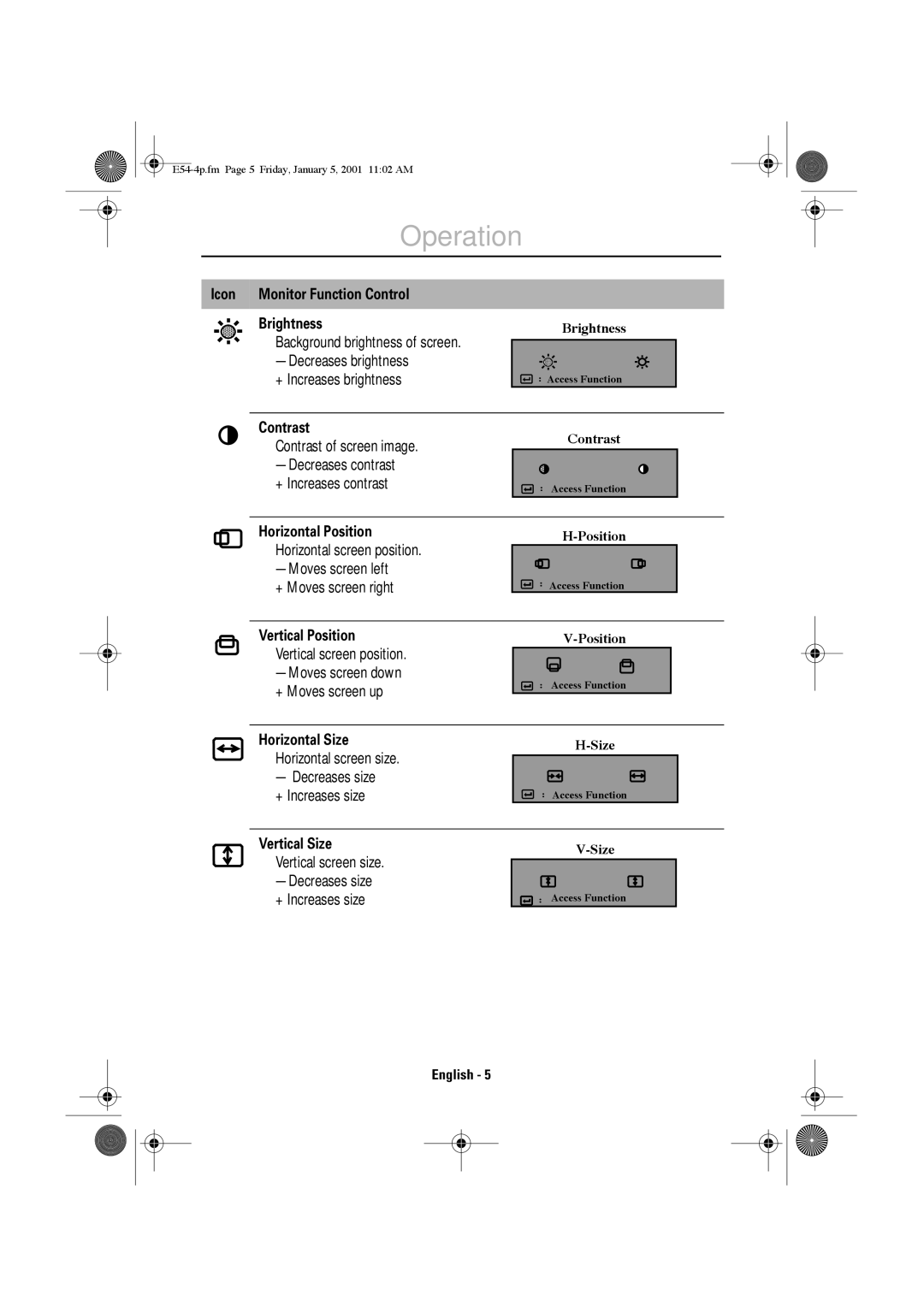 IBM 31P6240 Icon Monitor Function Control Brightness, Contrast, Horizontal Position, Vertical Position, Horizontal Size 