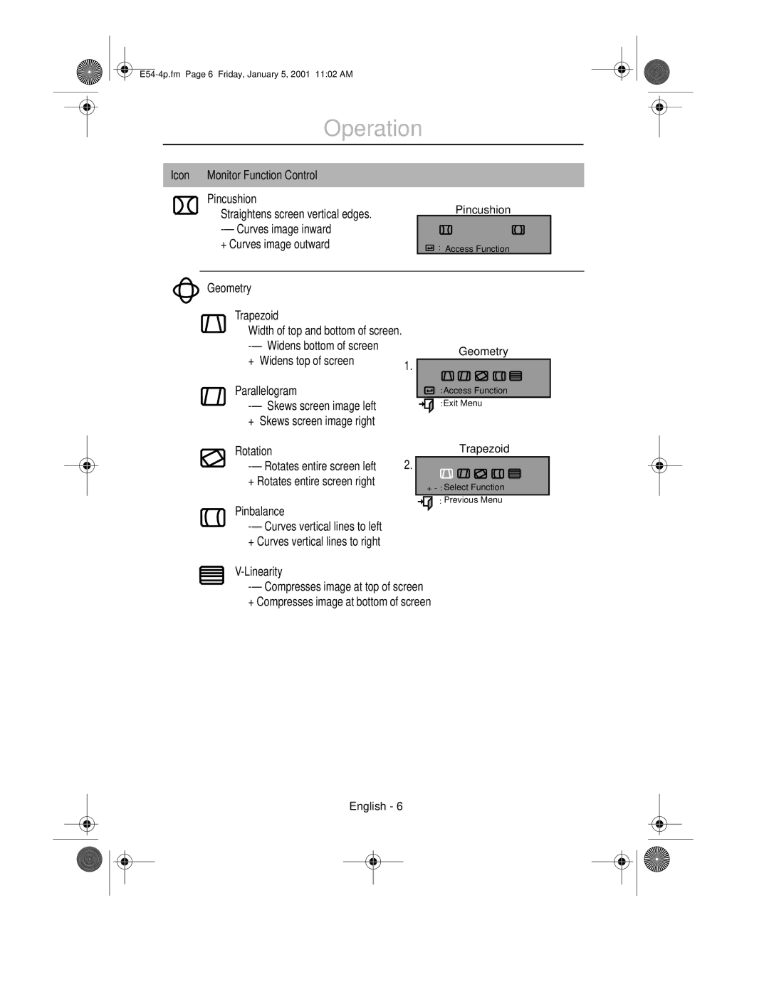 IBM 6331-H1N, 31P6241, 6331-J1N, 31P6240 manual Icon Monitor Function Control Pincushion, Geometry 