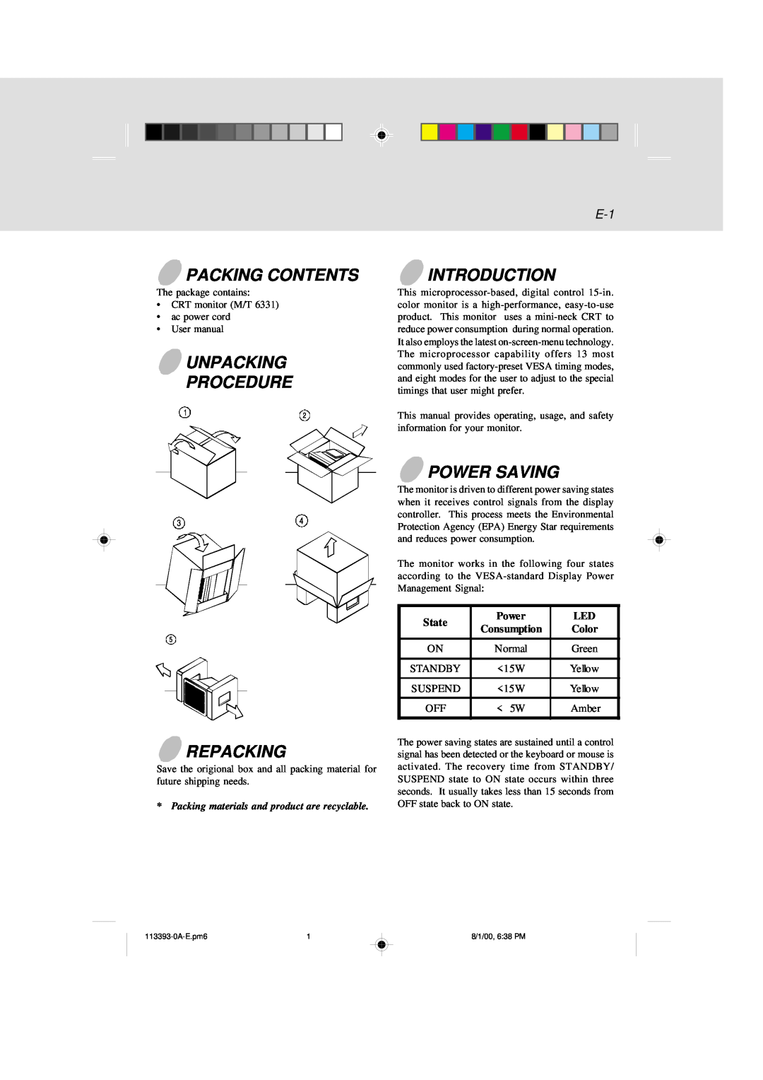 IBM 6331 user manual Packing Contents, Unpacking Procedure, Introduction, Repacking, Power Saving, State 