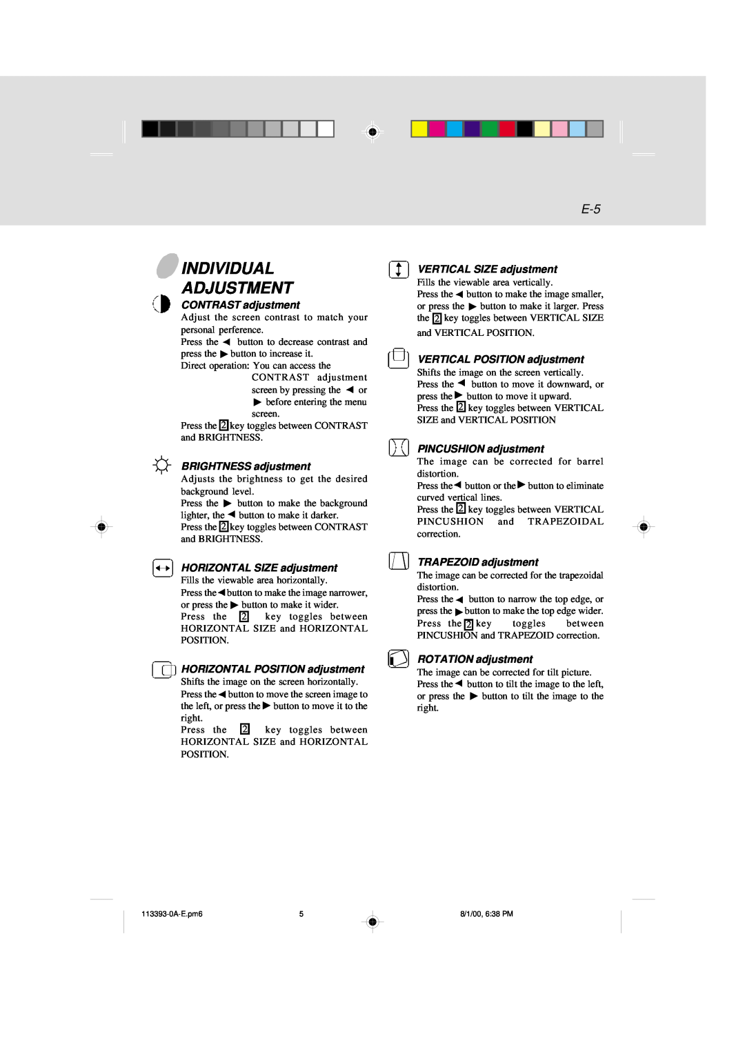 IBM 6331 user manual Individual Adjustment, CONTRAST adjustment, BRIGHTNESS adjustment, HORIZONTAL SIZE adjustment 
