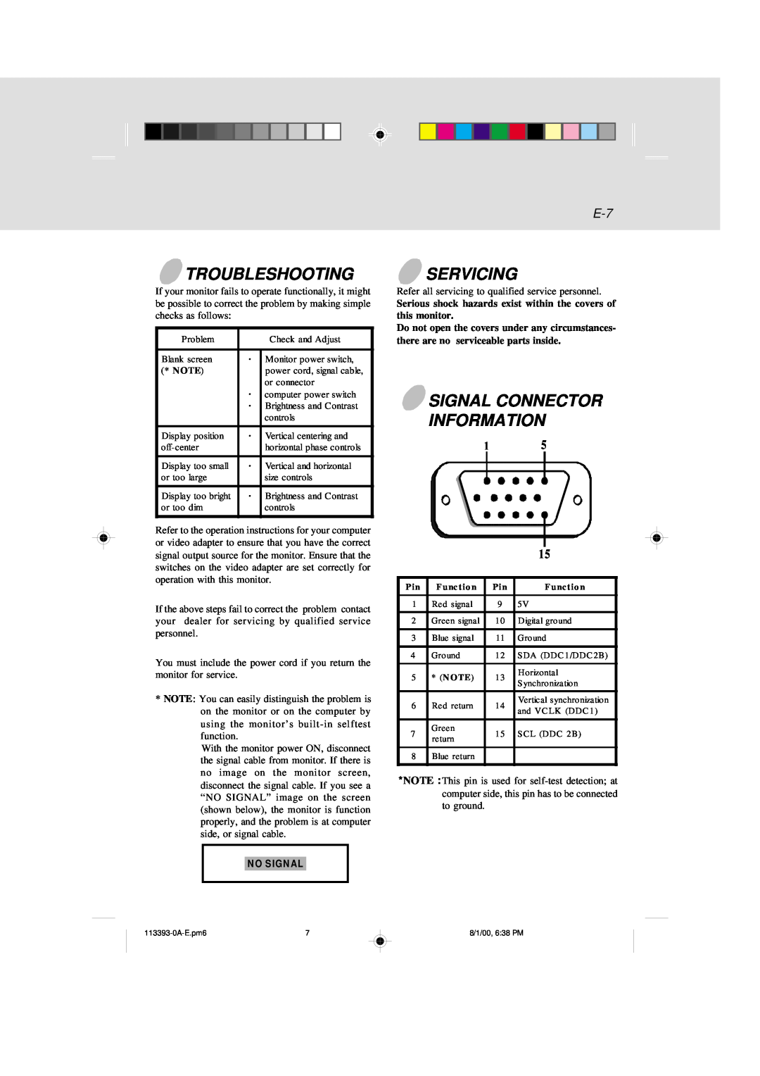 IBM 6331 user manual Troubleshooting, Servicing, Signal Connector Information, N O Sign Al 