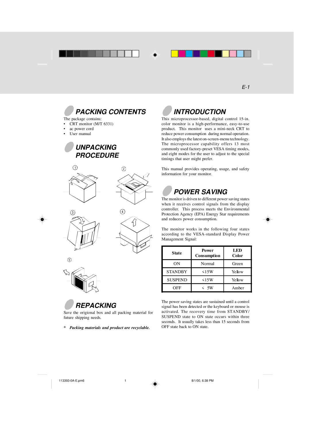 IBM 6331 user manual Packing Contents, Unpacking Procedure Introduction, Repacking, Power Saving 