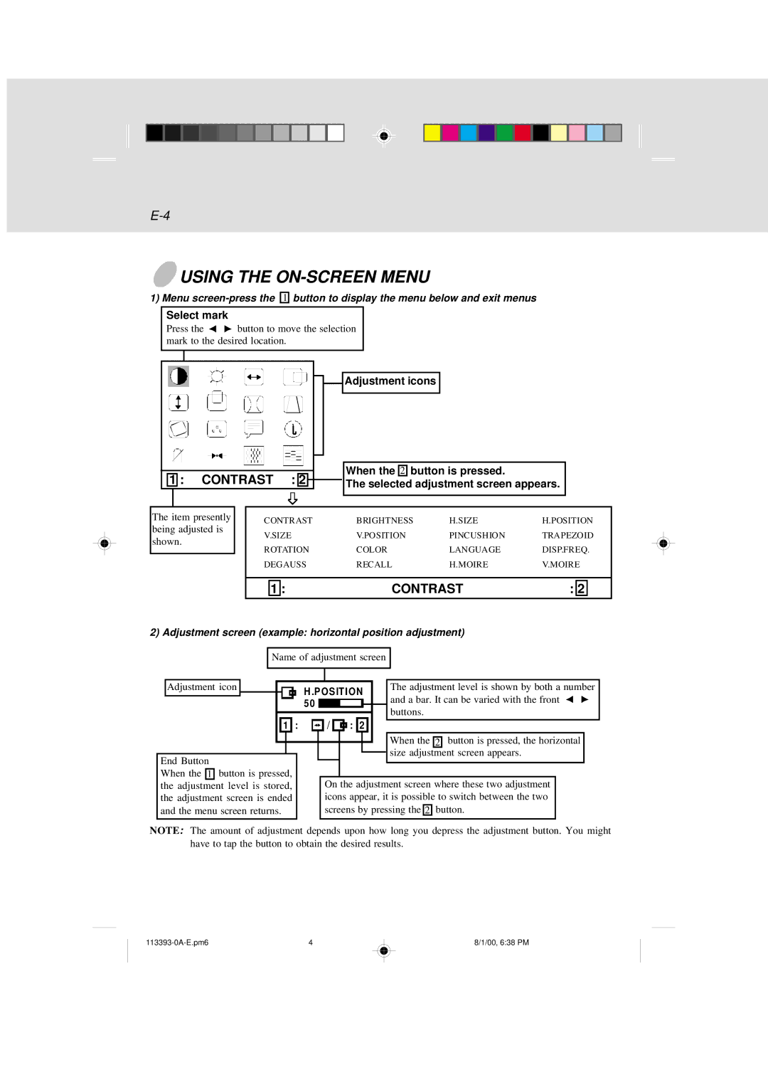 IBM 6331 user manual Using the ON-SCREEN Menu, Adjustment screen example horizontal position adjustment 