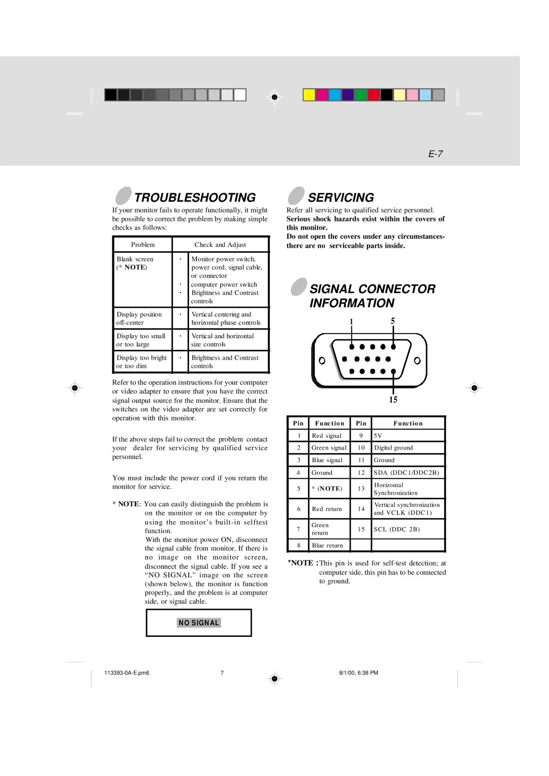 IBM 6331 user manual Troubleshooting, Servicing, Signal Connector Information 