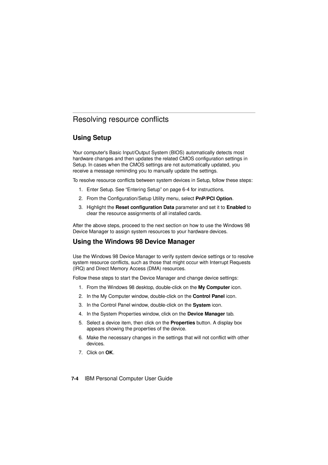 IBM 2194, 6345, 2193 manual Resolving resource conflicts, Using Setup, Using the Windows 98 Device Manager 