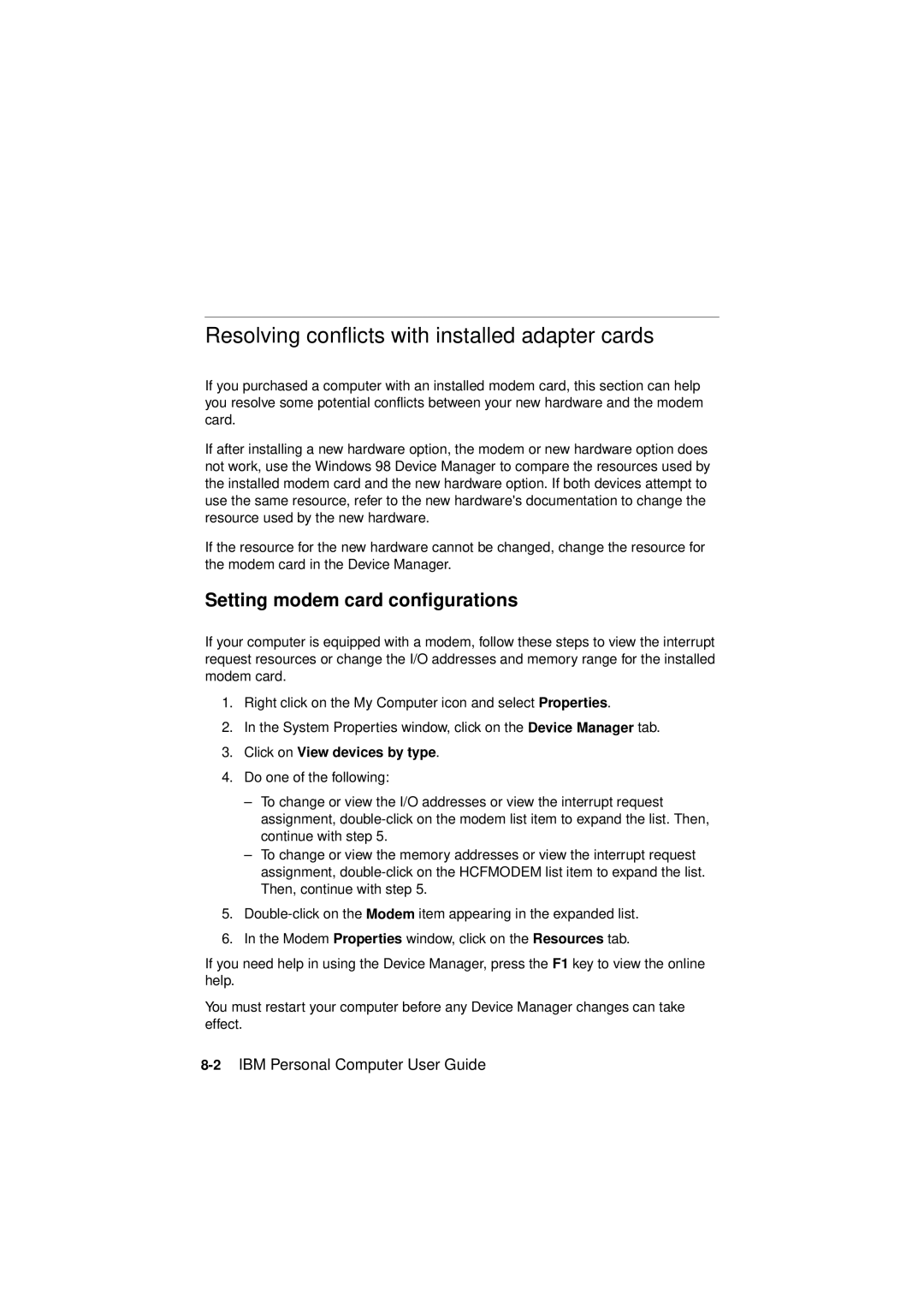 IBM 2194, 6345, 2193 manual Resolving conflicts with installed adapter cards, Setting modem card configurations 