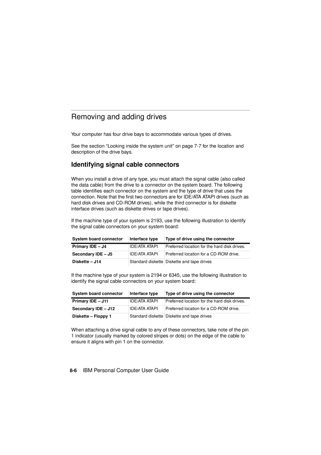 IBM 2193, 6345, 2194 manual Removing and adding drives, Identifying signal cable connectors 