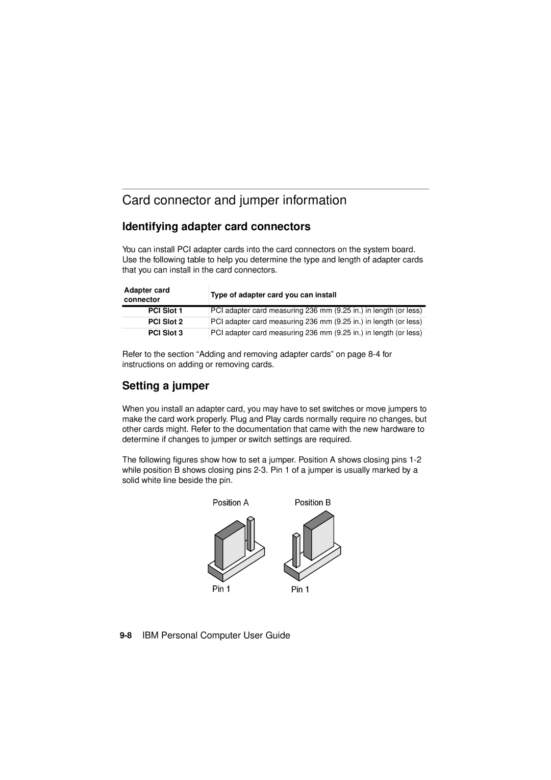 IBM 2193, 6345, 2194 manual Card connector and jumper information, Identifying adapter card connectors, Setting a jumper 