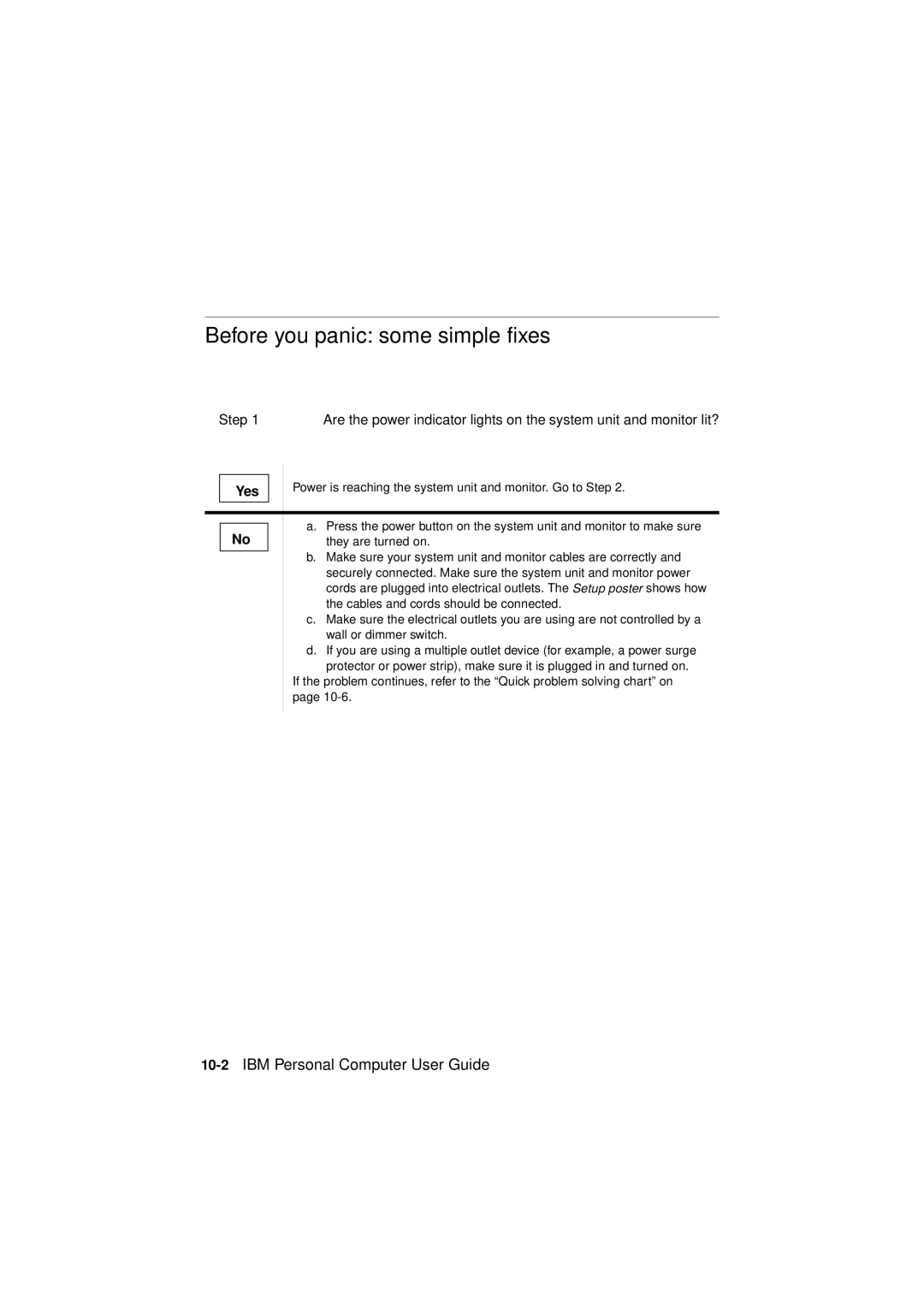 IBM 6345, 2194, 2193 manual Before you panic some simple fixes, 10-2IBM Personal Computer User Guide, Yes 