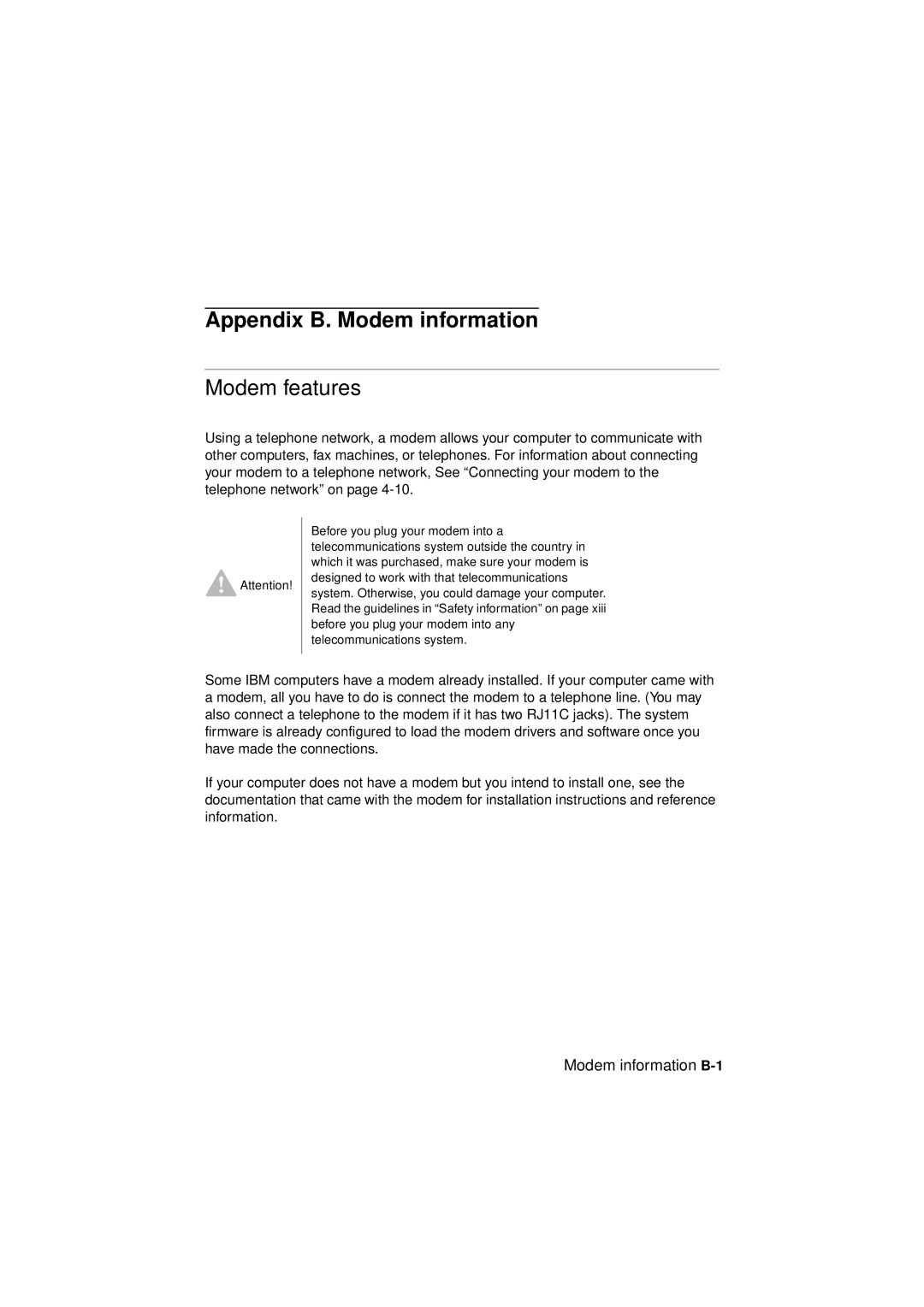 IBM 2194, 6345, 2193 manual Appendix B. Modem information, Modem features, Modem information B-1 