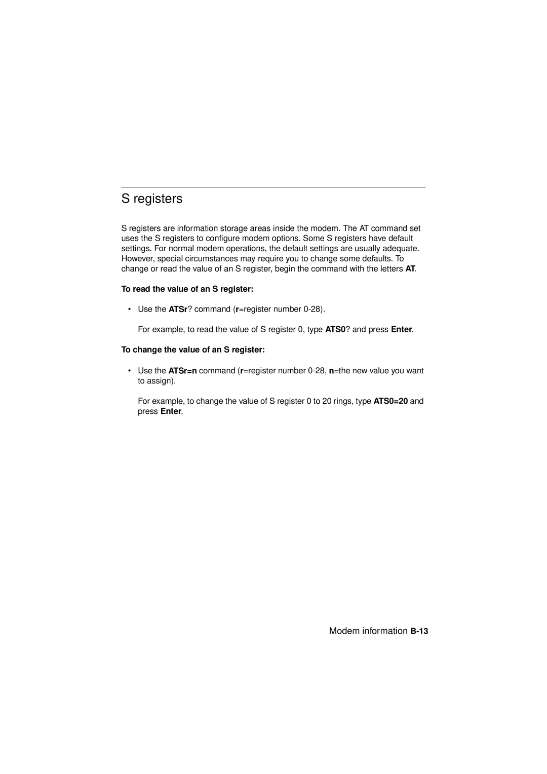 IBM 2194, 6345 Registers, Modem information B-13, To read the value of an S register, To change the value of an S register 