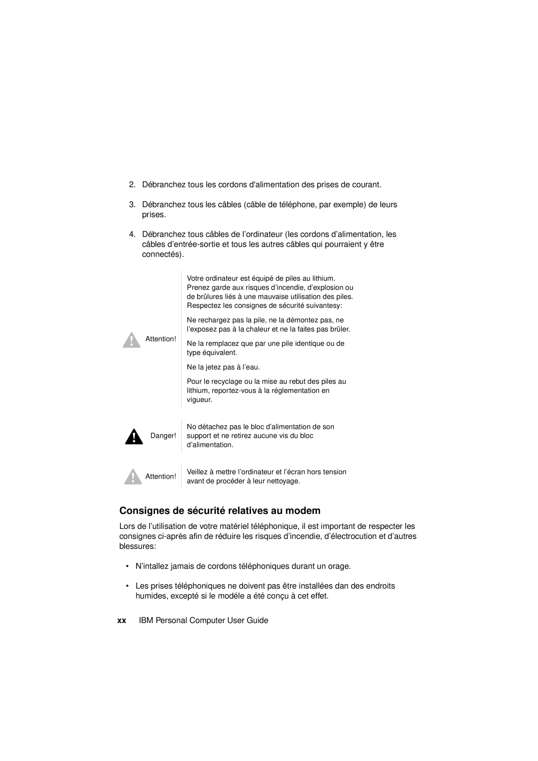 IBM 2193, 6345, 2194 manual Consignes de sécurité relatives au modem 