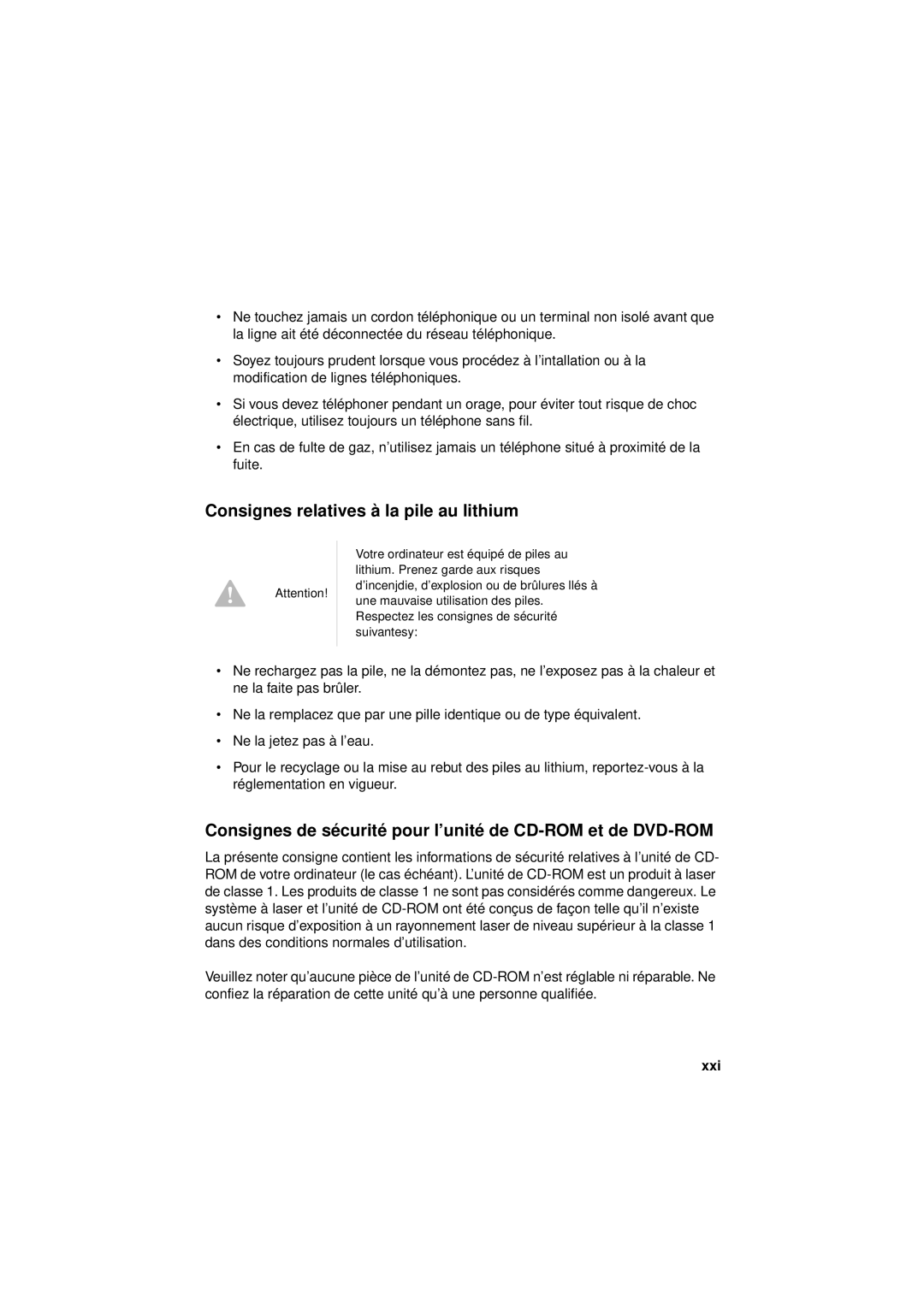 IBM 6345, 2194 Consignes relatives à la pile au lithium, Consignes de sécurité pour l’unité de CD-ROM et de DVD-ROM, Xxi 