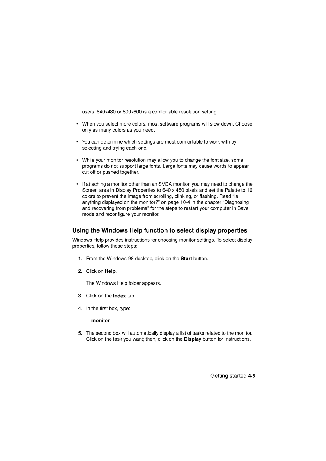 IBM 6345, 2194, 2193 manual Using the Windows Help function to select display properties, Monitor 