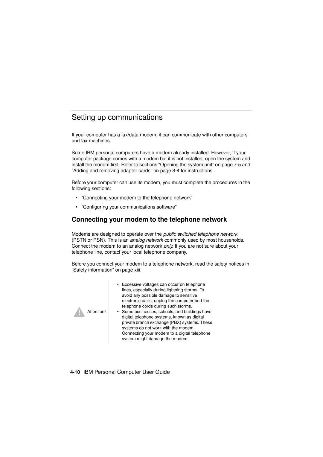 IBM 2193, 6345, 2194 manual Setting up communications, Connecting your modem to the telephone network 