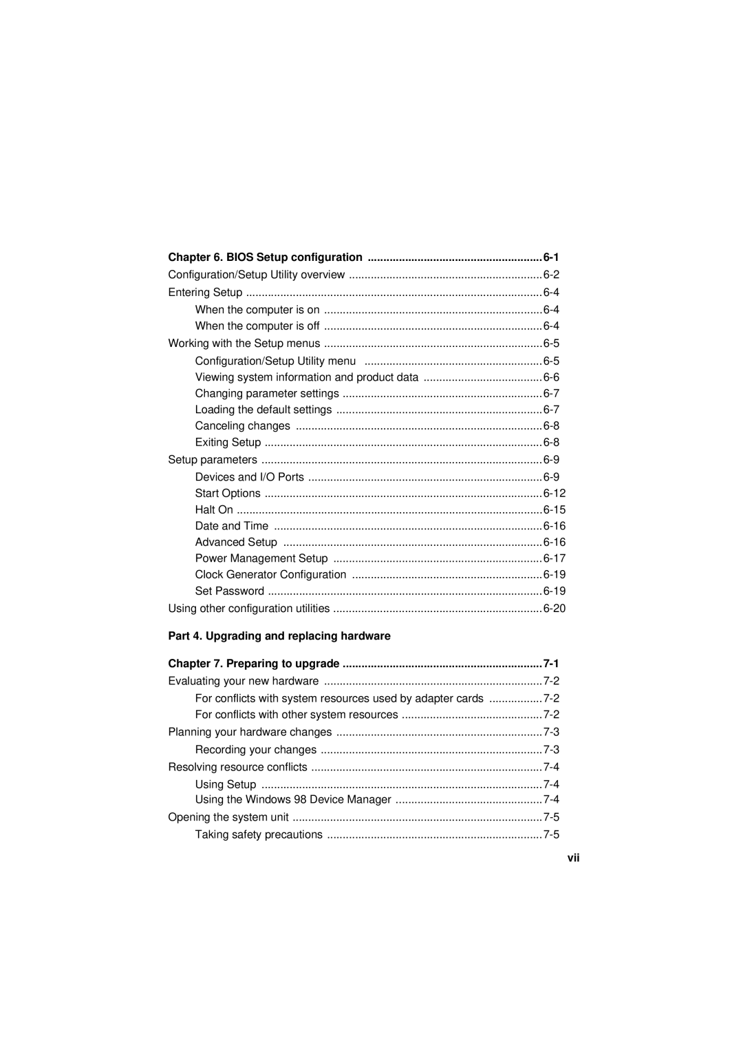 IBM 2194, 6345, 2193 manual Bios Setup configuration, Vii 