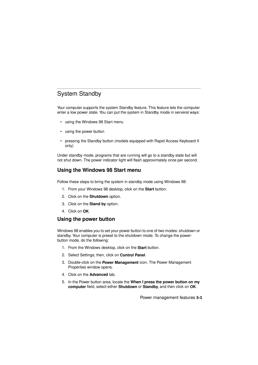 IBM 6345, 2194, 2193 manual System Standby, Using the Windows 98 Start menu, Using the power button 