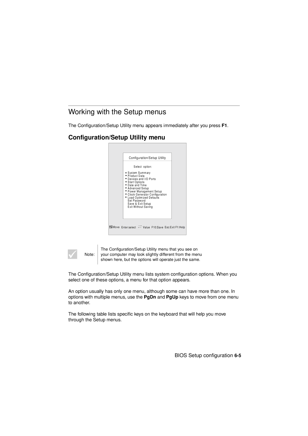 IBM 2193, 6345, 2194 manual Working with the Setup menus, Configuration/Setup Utility menu 