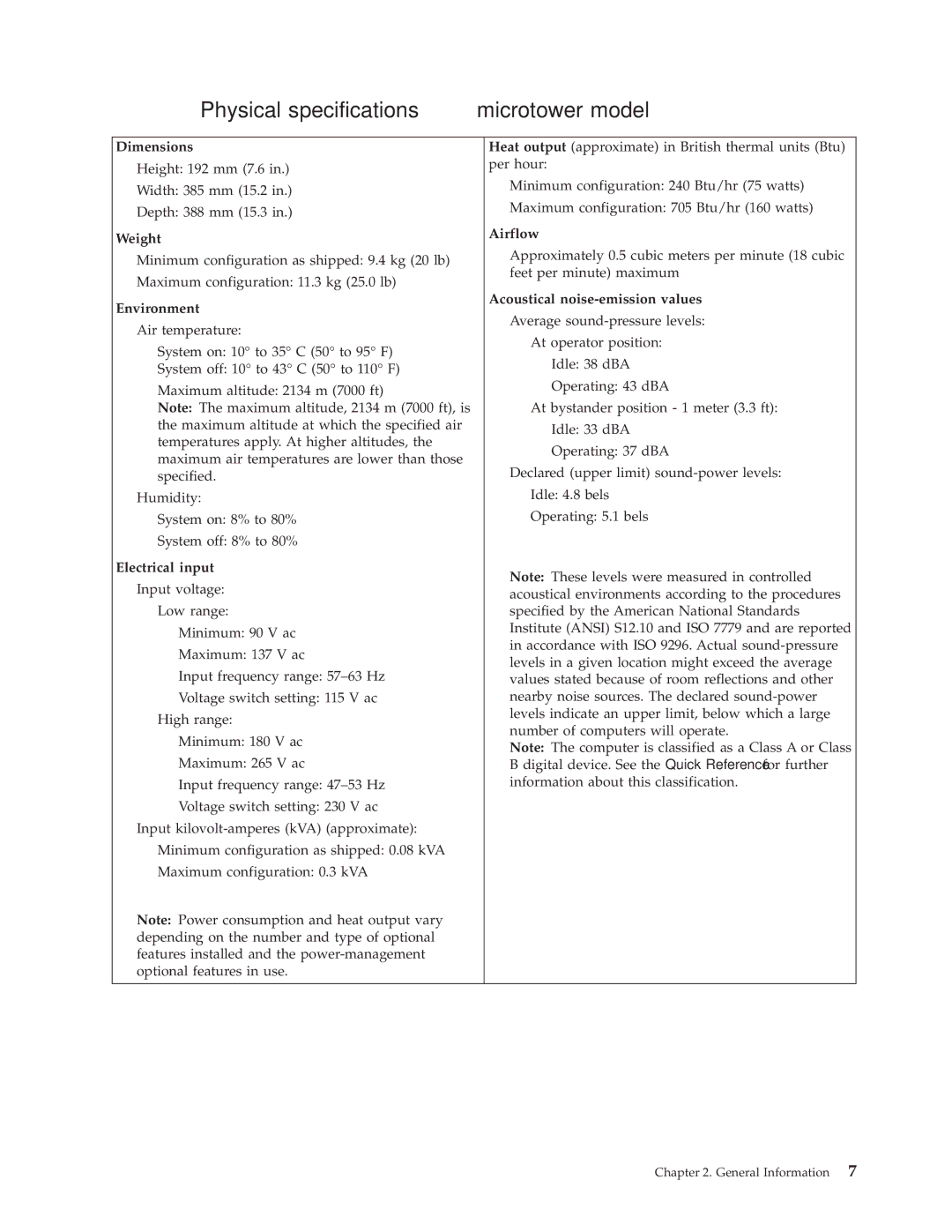 IBM 6341, 6348, 6342, 6339, 6346, 2257, 2256, 6337, 2254, 6347, 6336 manual Physical specifications microtower model 