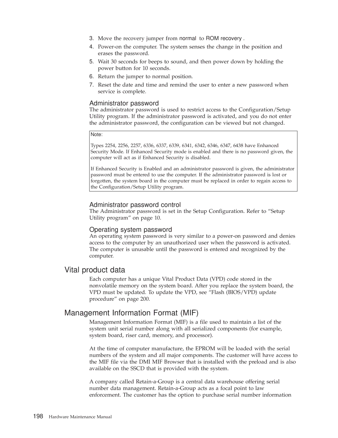 IBM 2254, 6348, 6342, 6339, 6346, 6341, 2257, 2256, 6337, 6347, 6336 manual Vital product data, Management Information Format MIF 