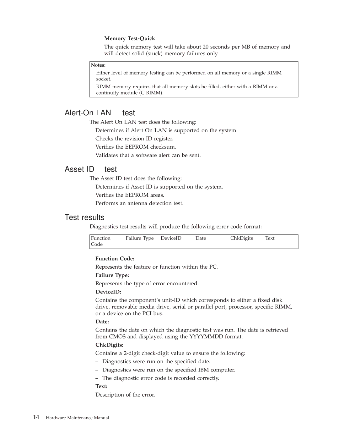 IBM 6348, 6342, 6339, 6346, 6341, 2257, 2256, 6337, 2254, 6347, 6336 manual Alert-On LAN test, Asset ID test, Test results 